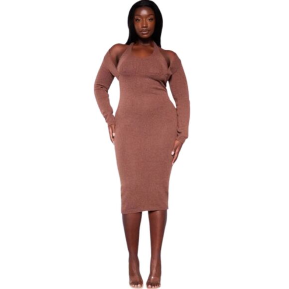 Pretty Little Thing NWT Plus Chocolate Halter neck Knitted Midi Dress Size XXXL - Picture 1 of 4